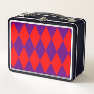 Red and Purple Harlequin Checkered Design Metal Lunch Box