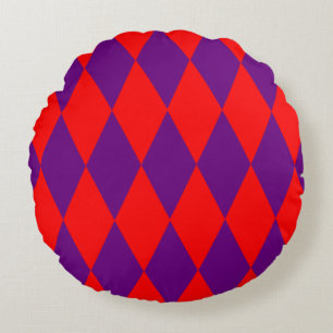 Red and Purple Harlequin Chequered Design Round Cushion