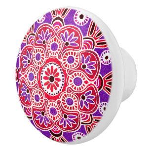 Red and purple medallion Drawer pull Ceramic Knob