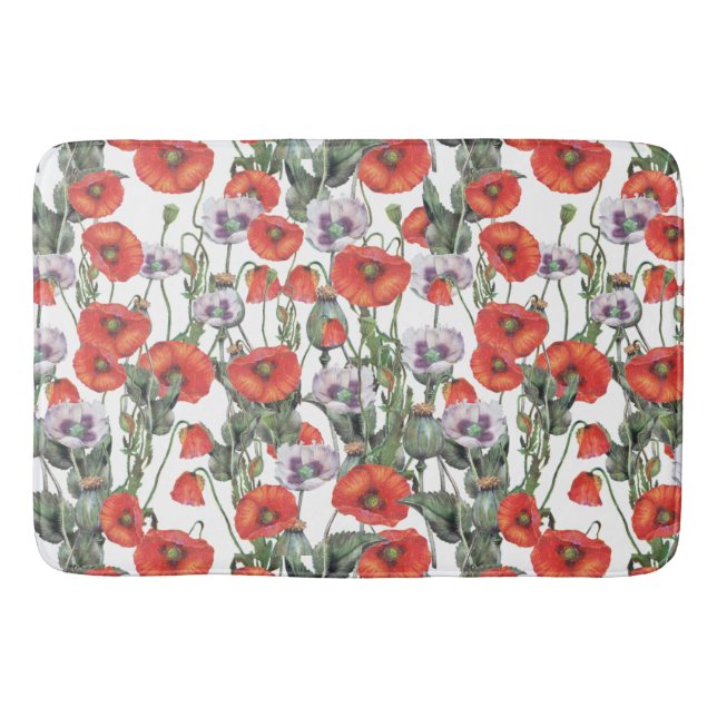 Red and Purple Poppies Pattern Bath Mat (Front)