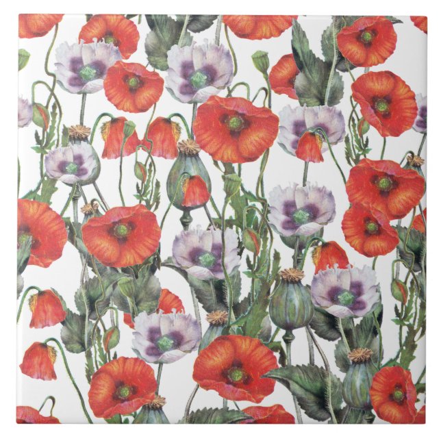 Red and Purple Poppies Pattern Ceramic Tile (Front)