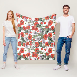 Red and Purple Poppies Pattern Fleece Blanket