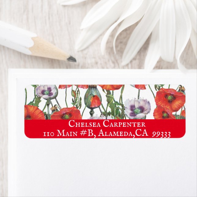 Red and Purple Poppies Pattern Return Address Label (Insitu)