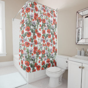 Red and Purple Poppies Pattern Shower Curtain