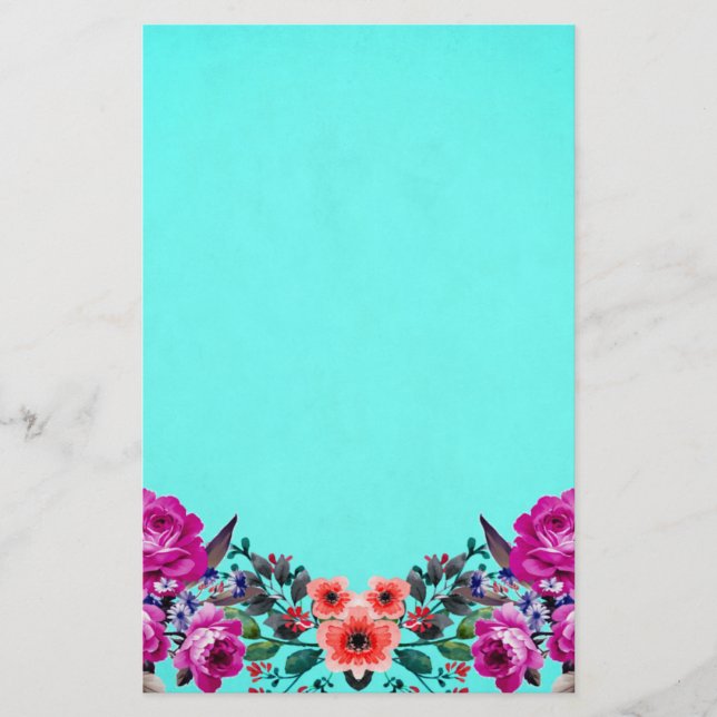 Red and purple roses turquoise stationery (Front)