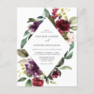 Red and Purple Watercolor Floral Frame Wedding Invitation Postcard