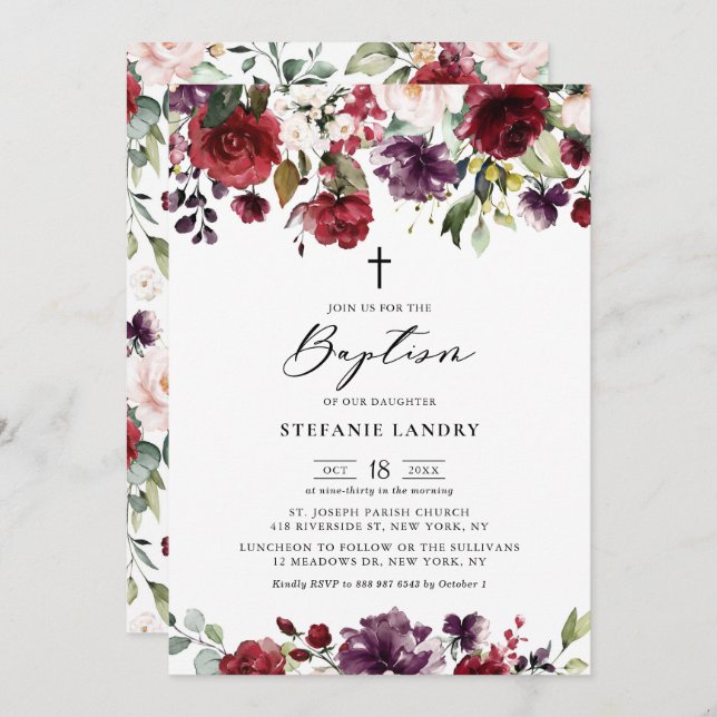 Red and Purple Watercolor Flowers Baptism Invitation (Front/Back)