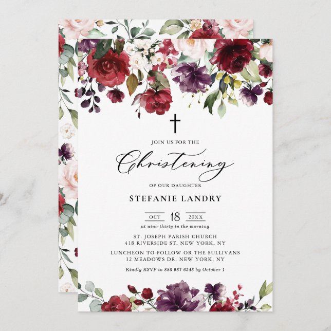 Red and Purple Watercolor Flowers Christening Invitation (Front/Back)