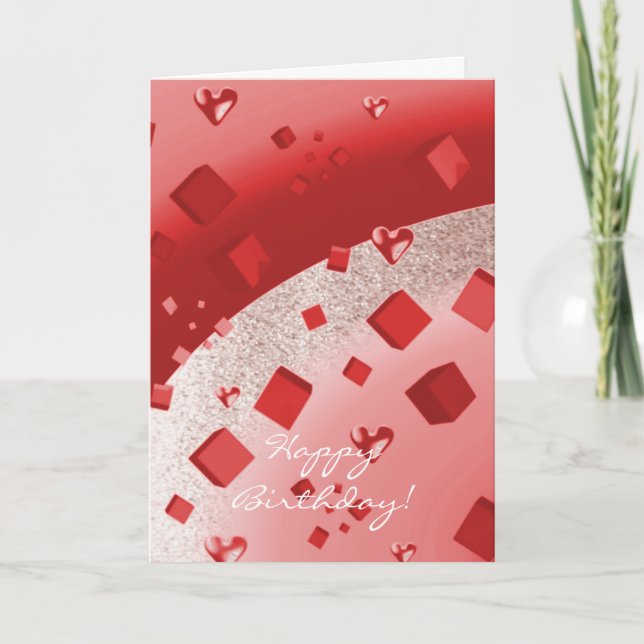 Red and Rose Gold Faux Glitter Birthday Card (Front)