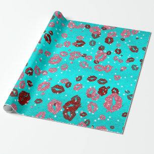 Red and rose kisses in blue wrapping paper