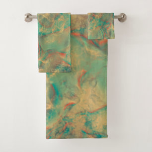 Red and Sea Green Marble abstract Bath Towel Set