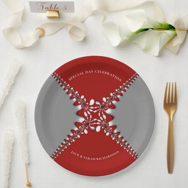 Red and Silver Batik Fractal Lace Paper Plate (Wedding)