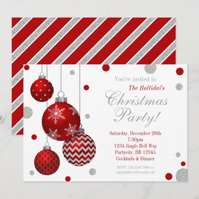 Red and Silver Baubles Christmas Party Invitation (Front/Back)