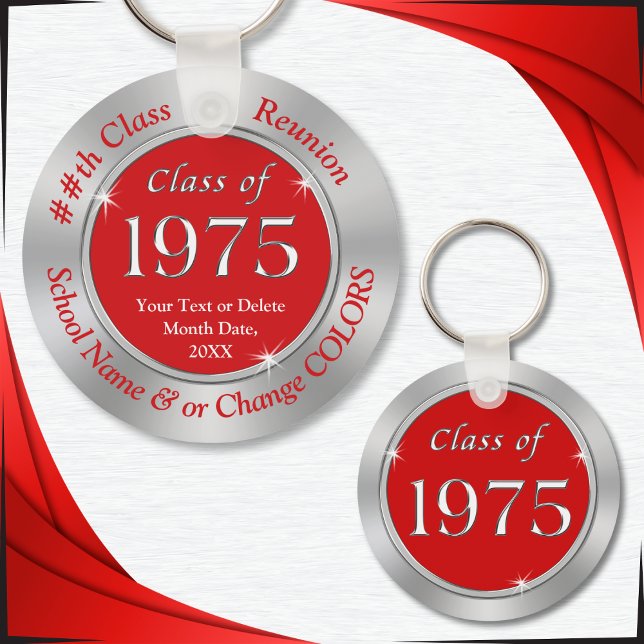 Red and Silver Class of 1975 Keychains Personalise (Red and Silver Gray, Class of 1975 Reunion Ideas. Class of 75, Keychains as class reunion souvenirs.)