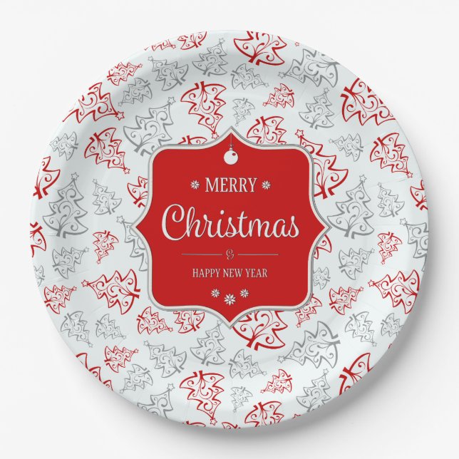 Red and Silver Elegant Christmas Trees Pattern Paper Plate (Front)