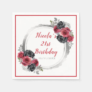 Red and Silver Elegant Flower Birthday Party Napkin