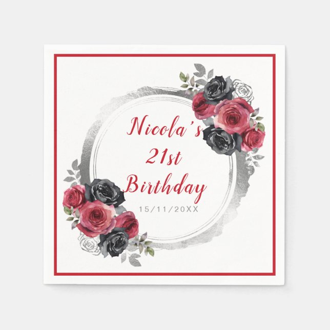 Red and Silver Elegant Flower Birthday Party Napkin (Front)