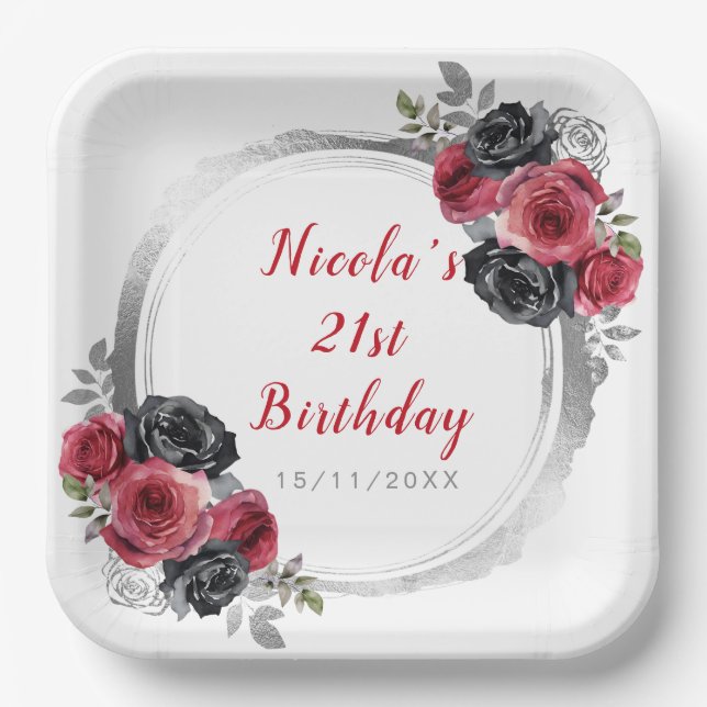 Red and Silver Elegant Flower Birthday Party Paper Plate (Front)