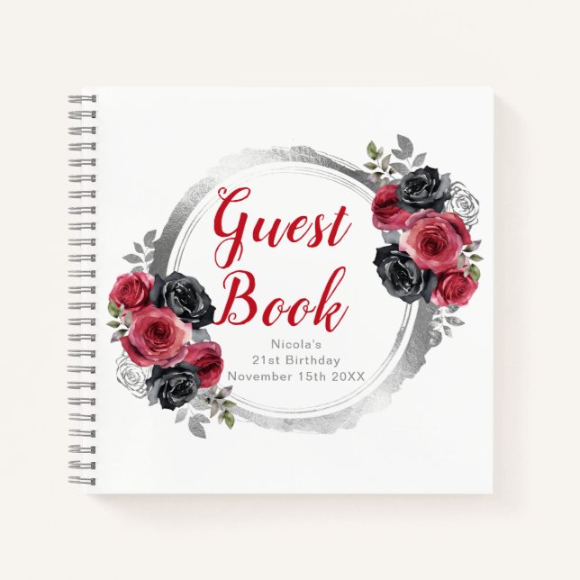 Red and Silver Elegant Flowers Birthday Guest Book (Front)