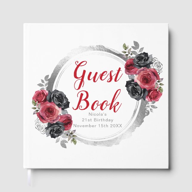 Red and Silver Elegant Flowers Birthday Party Guest Book (Front)