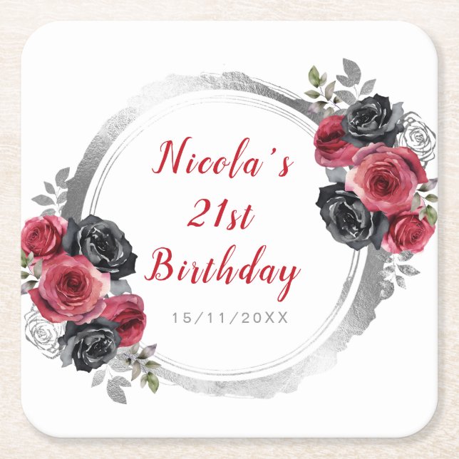 Red and Silver Elegant Flowers Birthday Party Square Paper Coaster (Front)