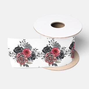 Red and Silver Elegant Flowers Satin Ribbon