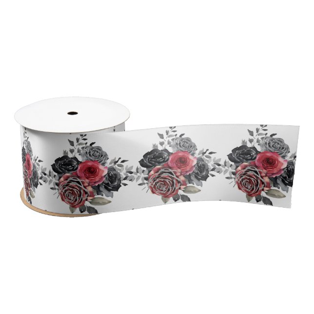 Red and Silver Elegant Flowers  Satin Ribbon (Spool)