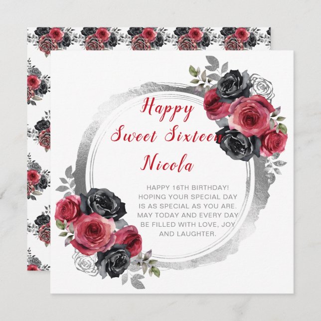 Red and Silver Elegant Flowers Sweet Sixteen Card (Front/Back)