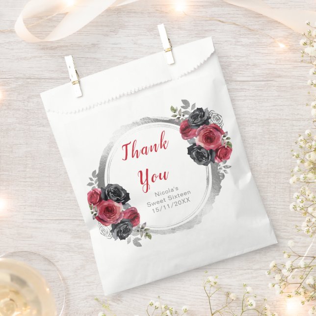 Red and Silver Elegant Flowers Sweet Sixteen Favour Bag (Clipped)