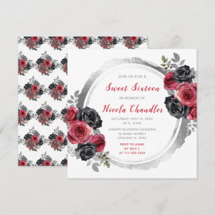Red and Silver Elegant Flowers Sweet Sixteen Invitation