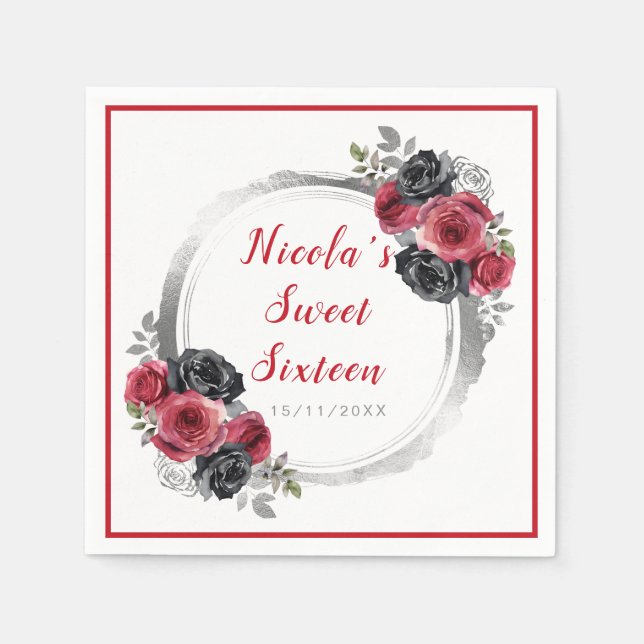 Red and Silver Elegant Flowers Sweet Sixteen Napkin (Front)