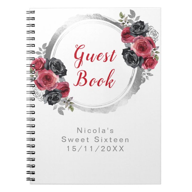 Red and Silver Elegant Flowers Sweet Sixteen Notebook (Front)