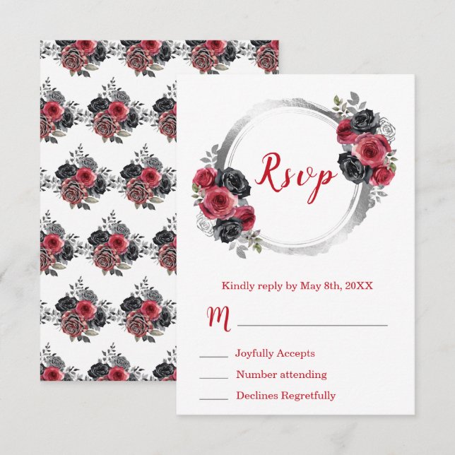 Red and Silver Elegant Flowers Sweet Sixteen RSVP Card (Front/Back)