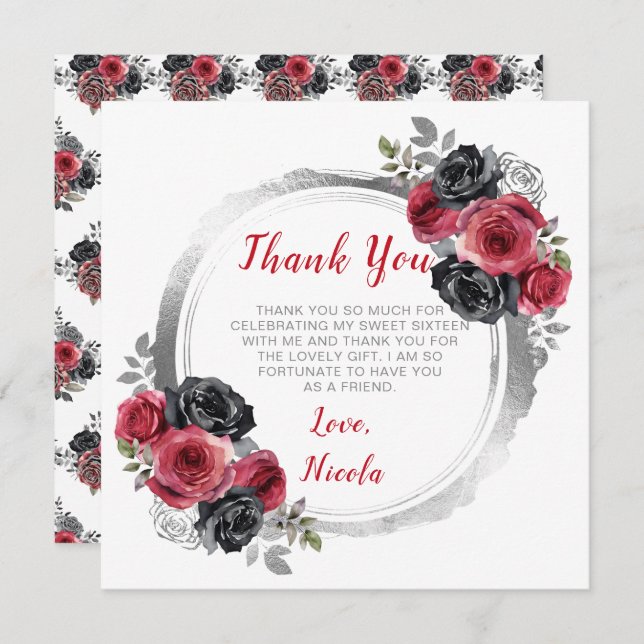 Red and Silver Elegant Flowers Sweet Sixteen Thank You Card (Front/Back)