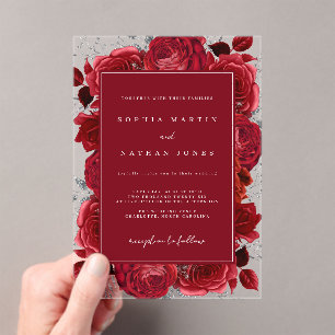 Red And Silver Elegant Rose Clear Wedding Acrylic Invitations