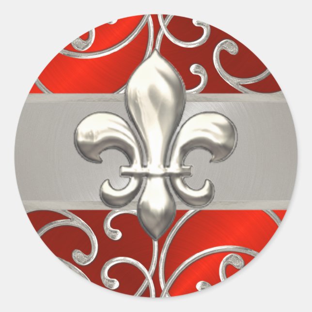 Red and Silver Filigree Swirls Fleur de Lis Classic Round Sticker (Front)