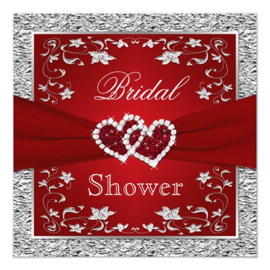 Red and Silver Floral, Hearts Bridal Shower Card
