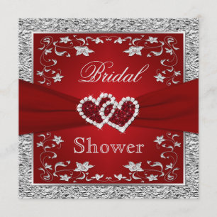 Red and Silver Floral, Hearts Bridal Shower Invitation
