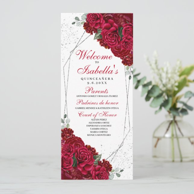 Red and Silver Floral Quinceanera Program (Standing Front)