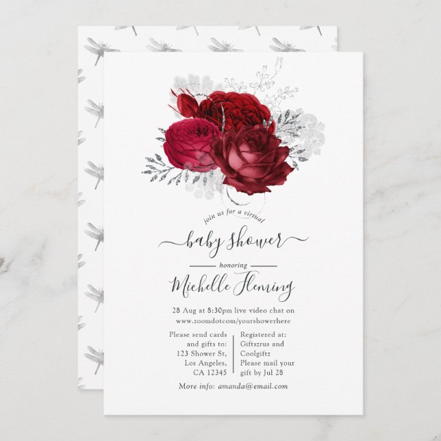 Red and Silver Floral Virtual Shower Invitation (Front/Back)