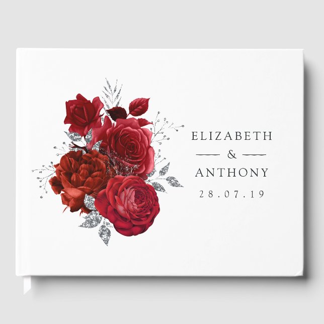 Red and Silver Floral Wedding Guest Book (Front)