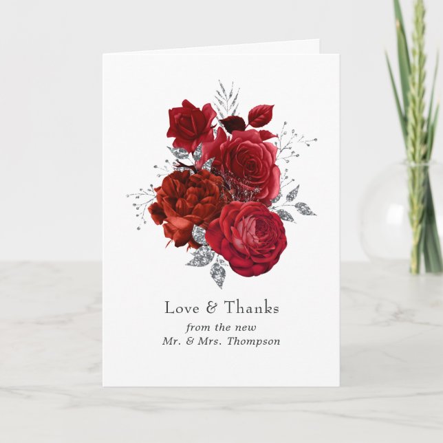 Red and Silver Floral Wedding Thank You Card (Front)