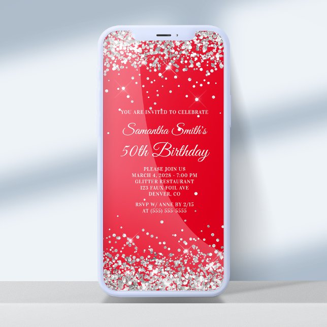 Red and Silver Glitter 50th Birthday Invitation (Creator Uploaded)