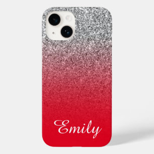 Red and Silver Glitter Ombre Personalised Case-Mate iPhone 14 Case