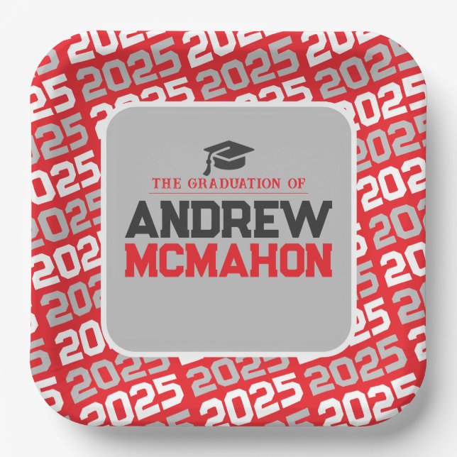 Red and Silver Grey Personalised Graduation Paper Plate (Front)