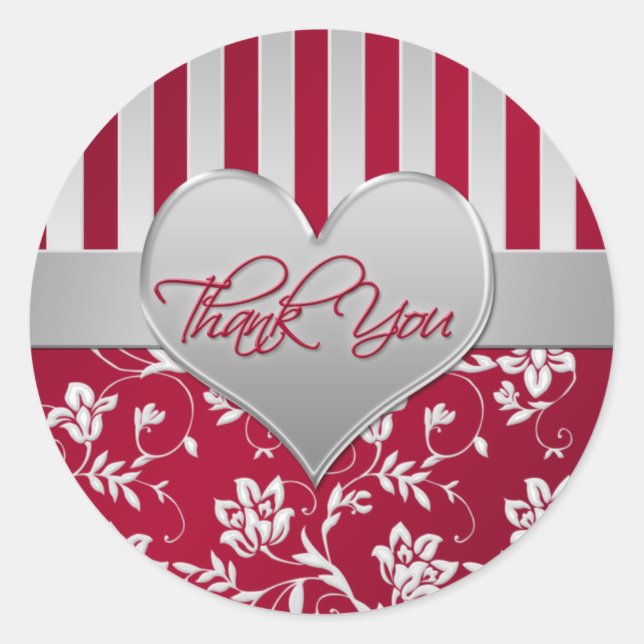 Red and Silver Heart 1.5" Round Wedding Sticker (Front)