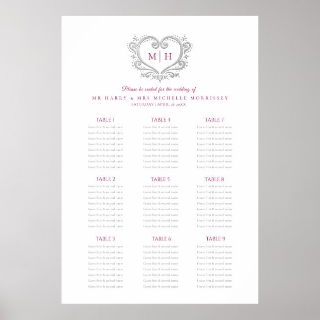 Red and silver heart wreath wedding seating chart (Front)