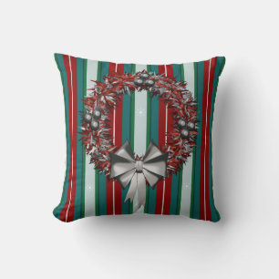 Red and Silver Holiday Wreath Decorative Cushions