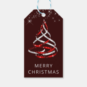 Red and Silver Ribbon & Glitter Christmas Tree Gift Tags