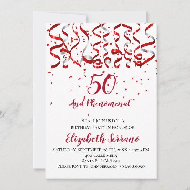 Red And Silver Ribbon & Red Confetti 50th Birthday Invitation (Front)